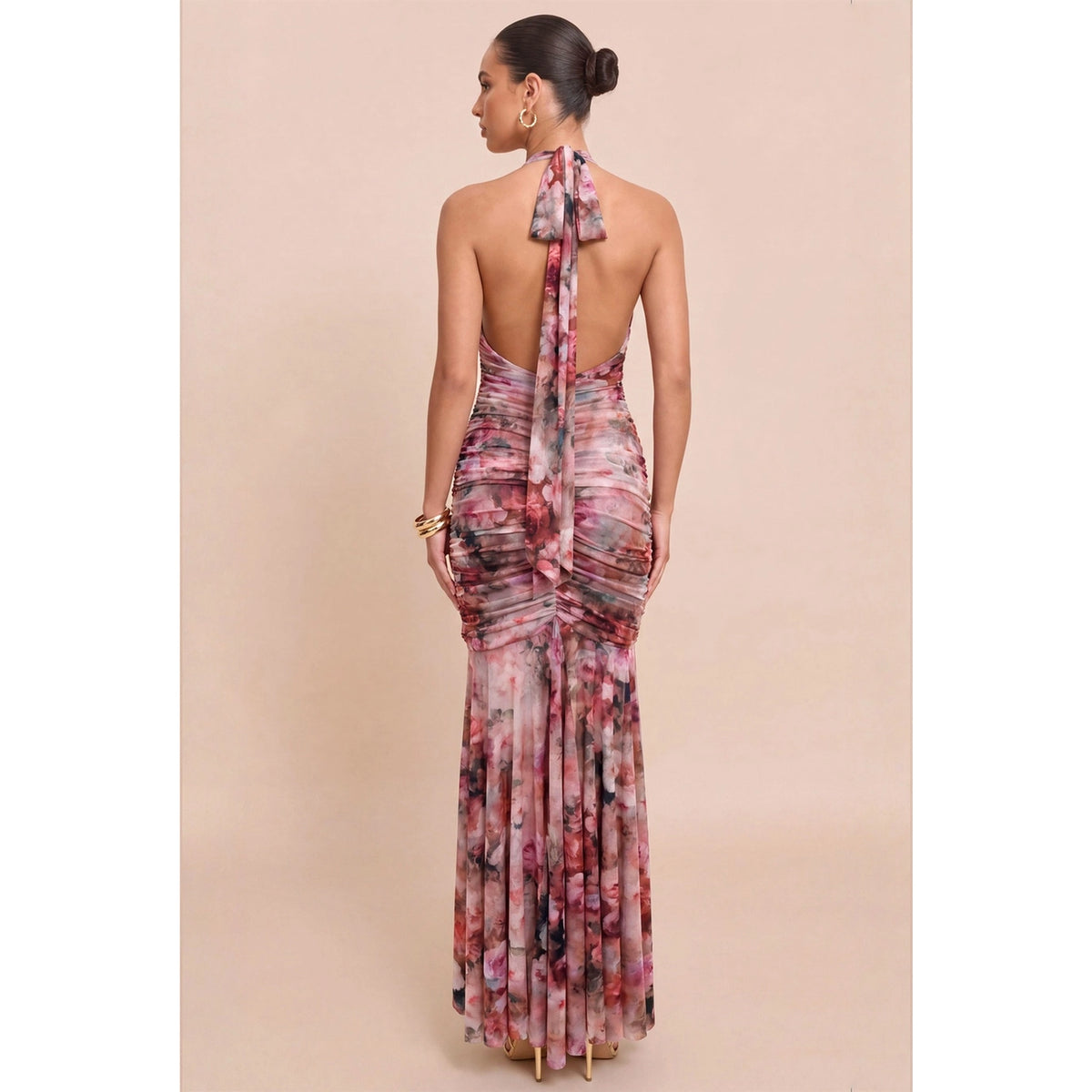 Vintage Floral Mesh Ruffle Dress - Merlot Multi