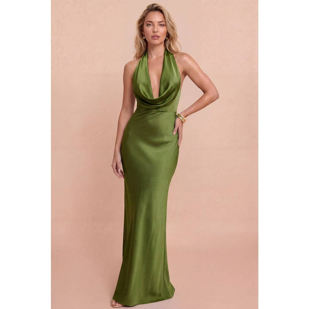 Luxxel Solid Satin Halter Maxi Dress