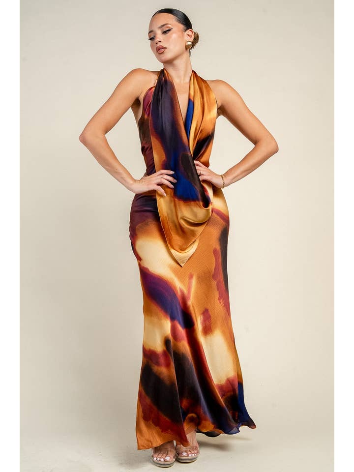 Cowl neck open back halter maxi dress - Multi - View 1