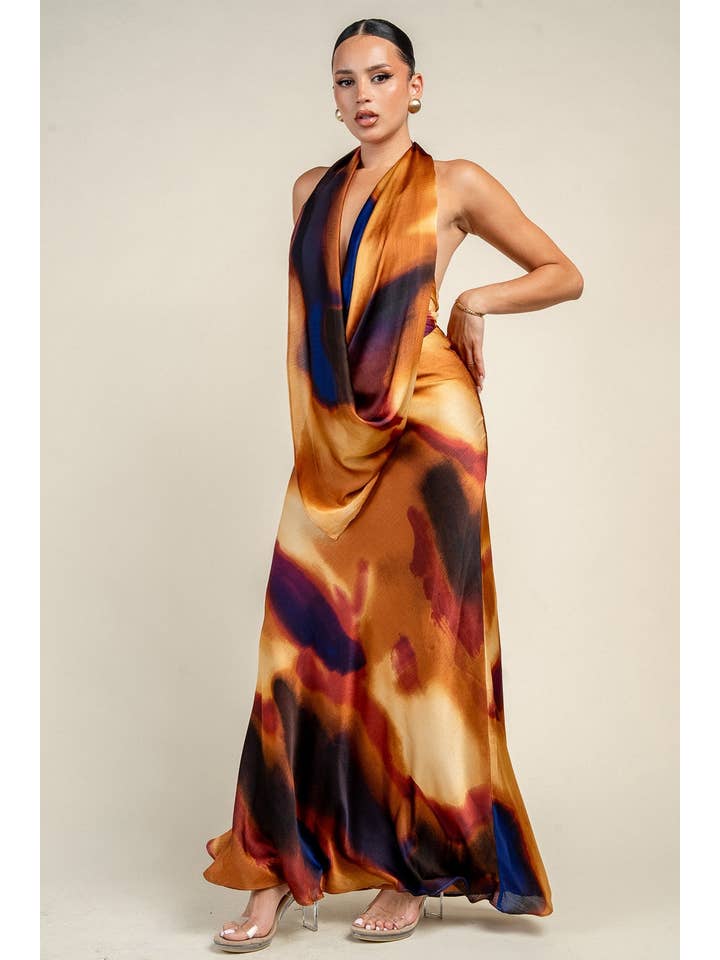 Cowl neck open back halter maxi dress - Multi - View 2