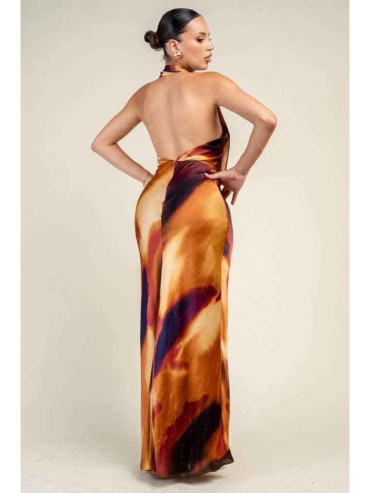 Cowl neck open back halter maxi dress - Multi - View 3