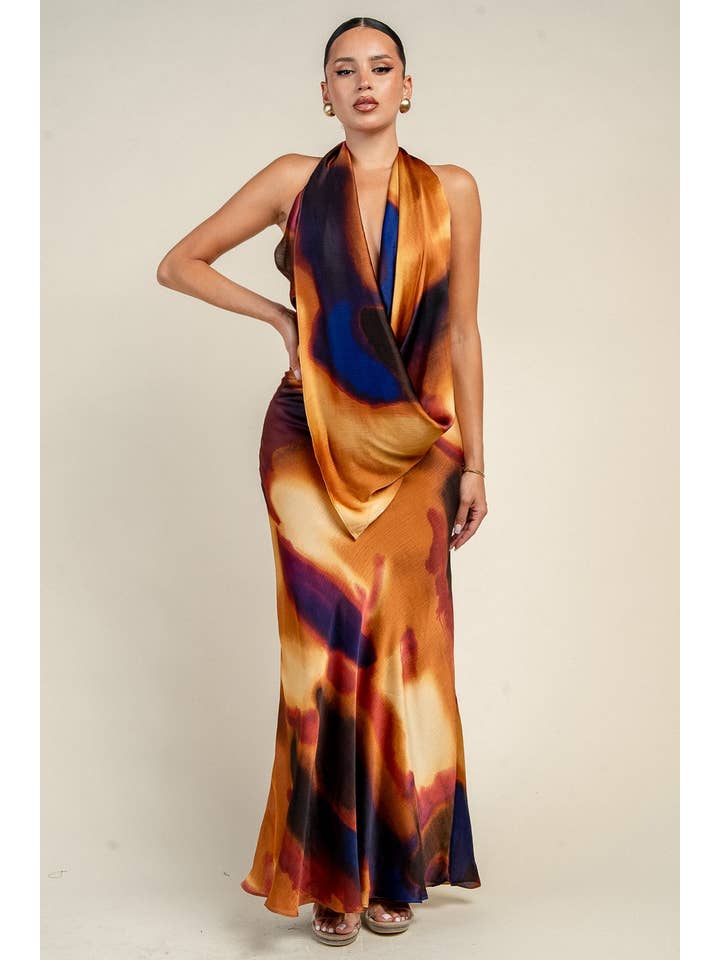 Cowl neck open back halter maxi dress - Multi - View 4