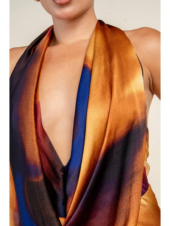 Cowl neck open back halter maxi dress - Multi - View 5