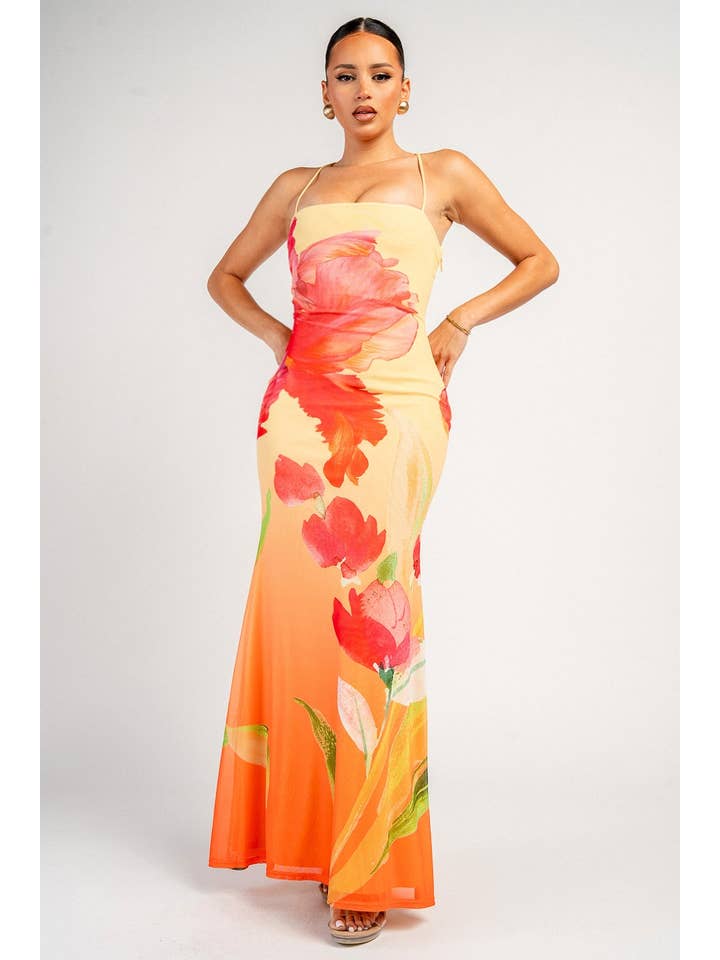 Floral Print Lace-Up Back Maxi Dress - Yellow / Orange Multi - View 1