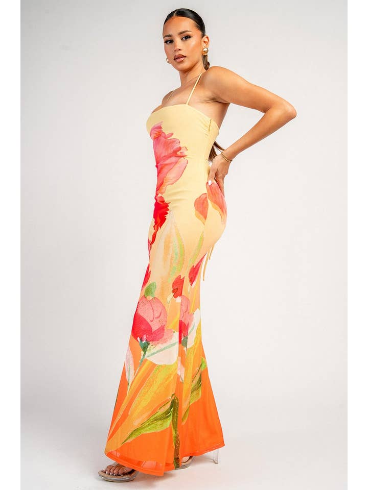 Floral Print Lace-Up Back Maxi Dress - Yellow / Orange Multi - View 2