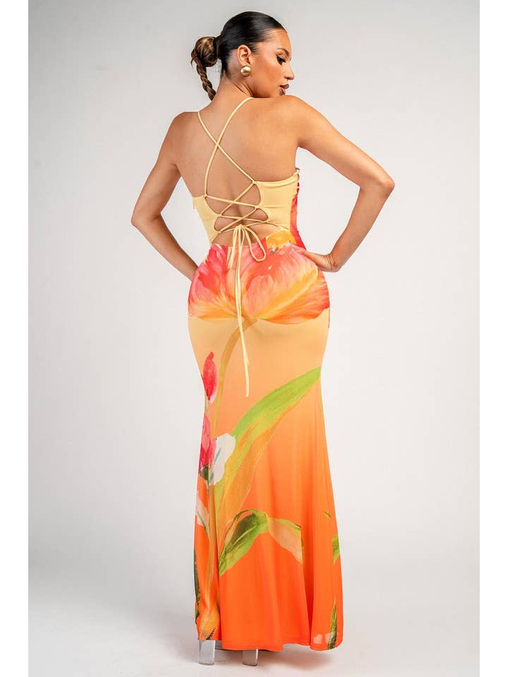 Floral Print Lace-Up Back Maxi Dress - Yellow / Orange Multi - View 3