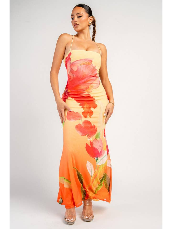 Floral Print Lace-Up Back Maxi Dress - Yellow / Orange Multi - View 4