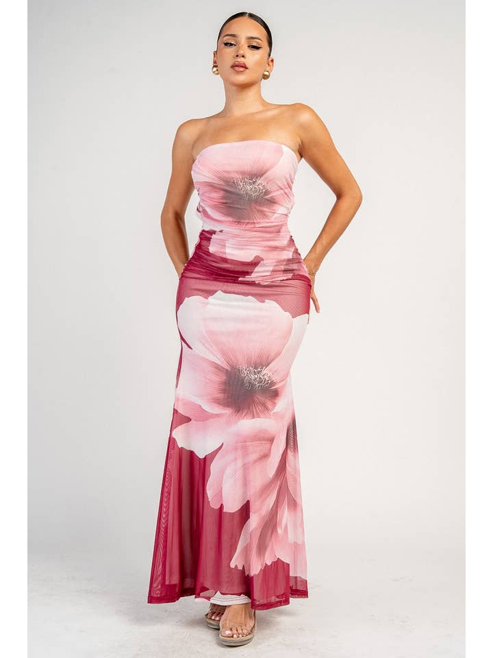 Floral Print Lace-Up Back Maxi Dress - Wine / Pink - View 1