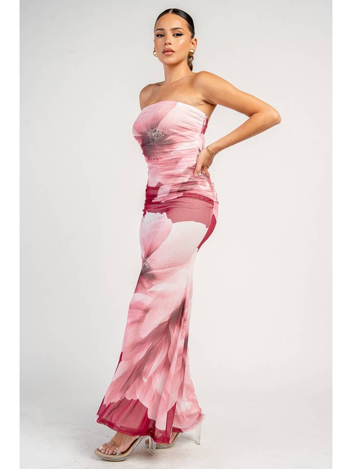 Floral Print Lace-Up Back Maxi Dress - Wine / Pink - View 2