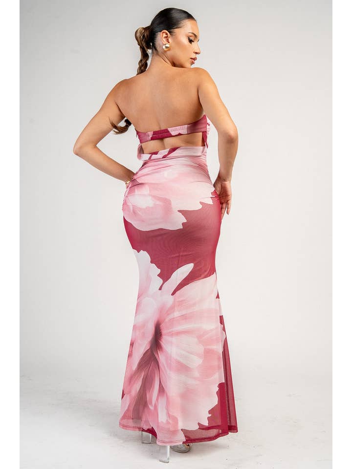 Floral Print Lace-Up Back Maxi Dress - Wine / Pink - View 3