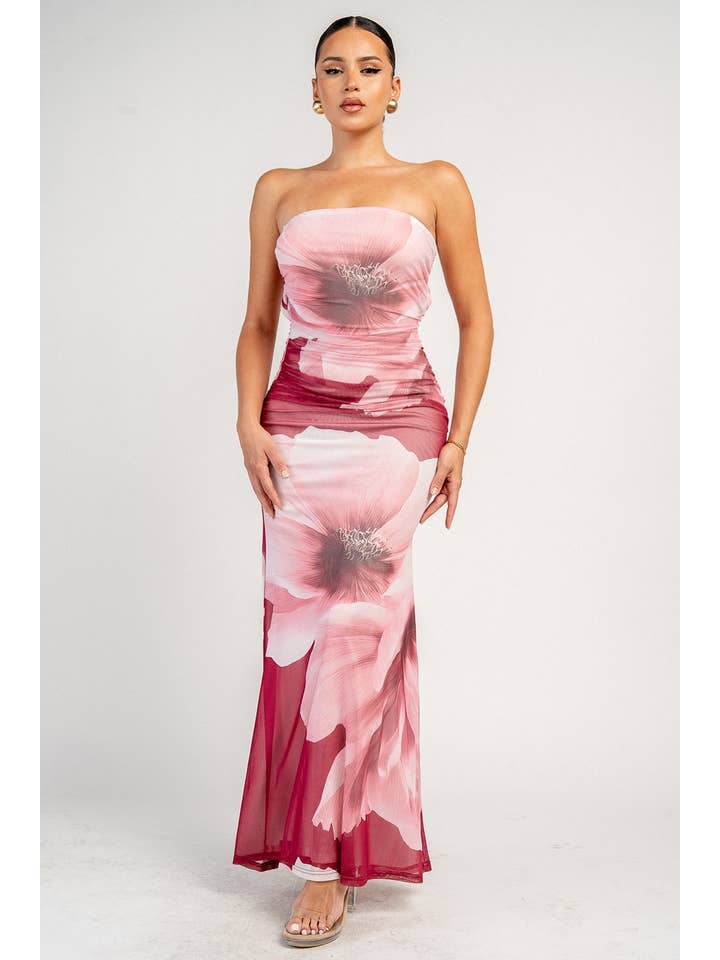 Floral Print Lace-Up Back Maxi Dress - Wine / Pink - View 4