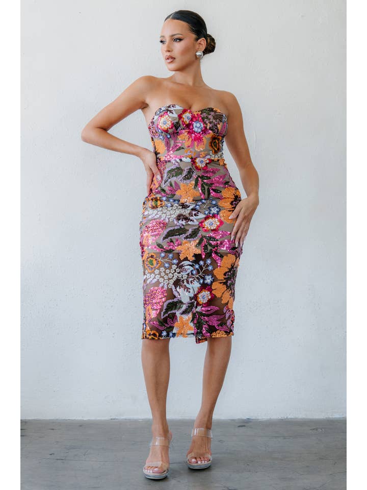 Strapless sequin embroidered midi dress - Black Orange Pink Multi - View 2