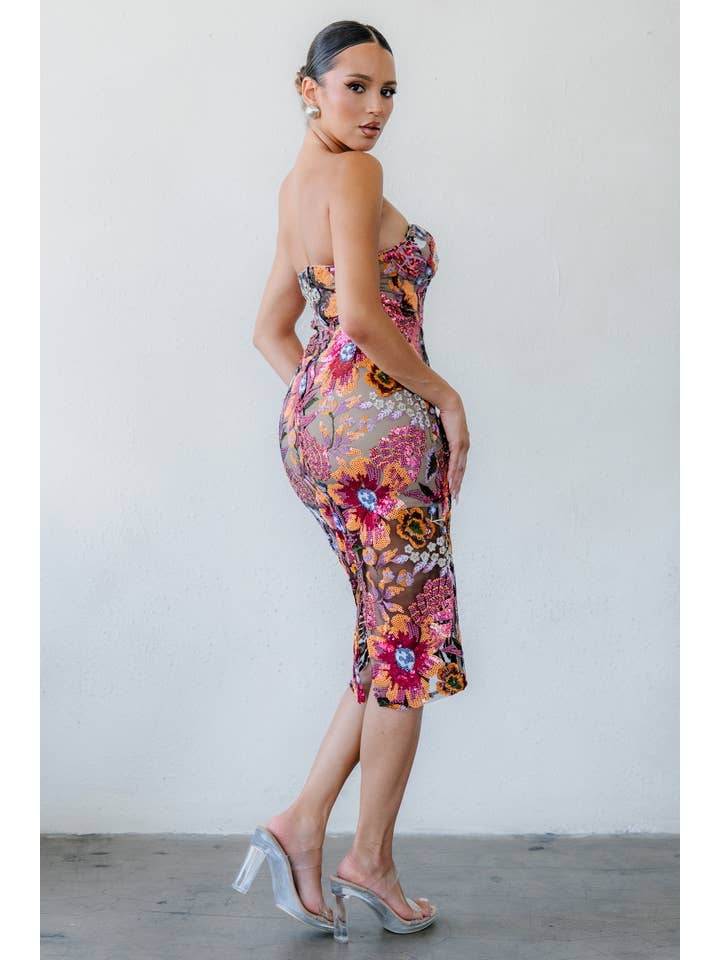 Strapless sequin embroidered midi dress - Black Orange Pink Multi - View 3