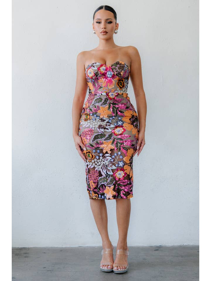 Strapless sequin embroidered midi dress - Black Orange Pink Multi - View 4