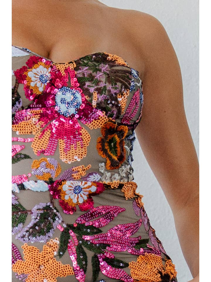 Strapless sequin embroidered midi dress - Black Orange Pink Multi - View 5