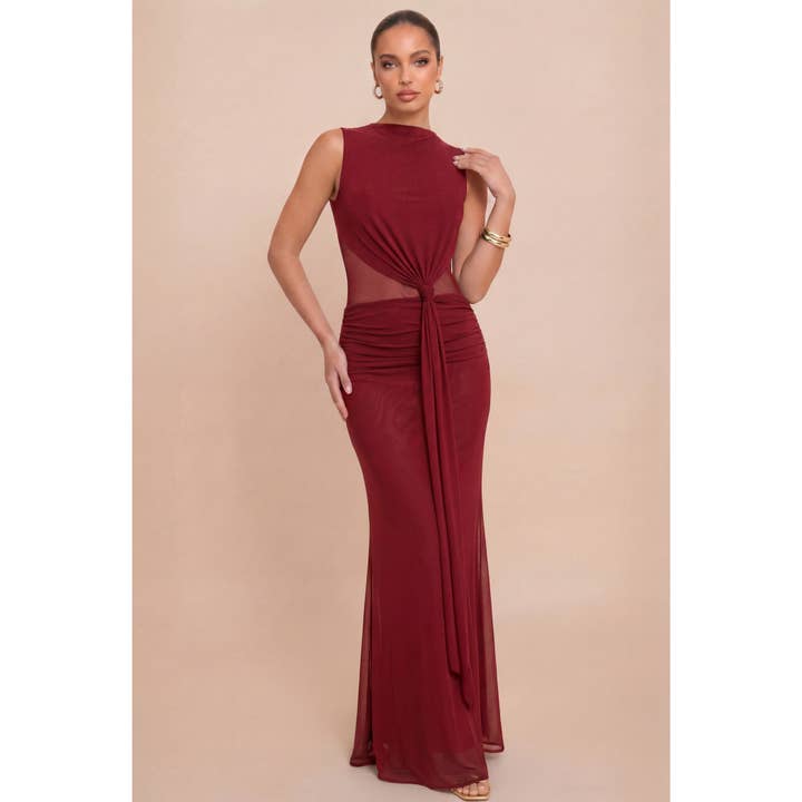 Luxxel Mesh Knotted Maxi Dress - Wine