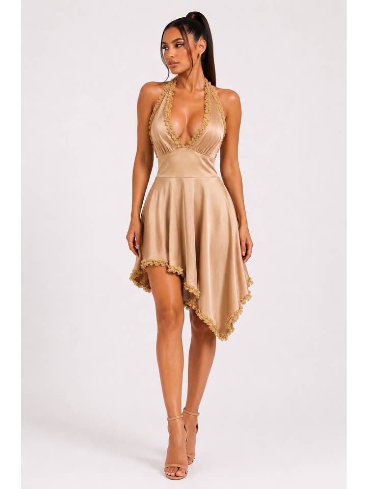 DIOSA Ruffle Trim Halter Handkerchief Hem Dress - Champagne