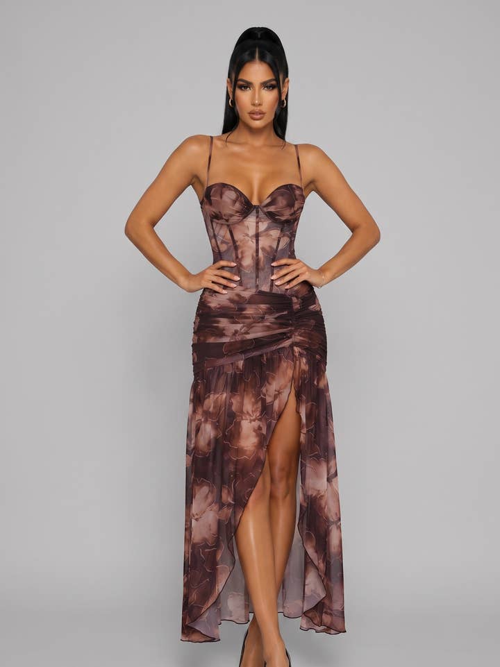 DIOSA Ruched Corset Sheer Maxi Dress - Brown