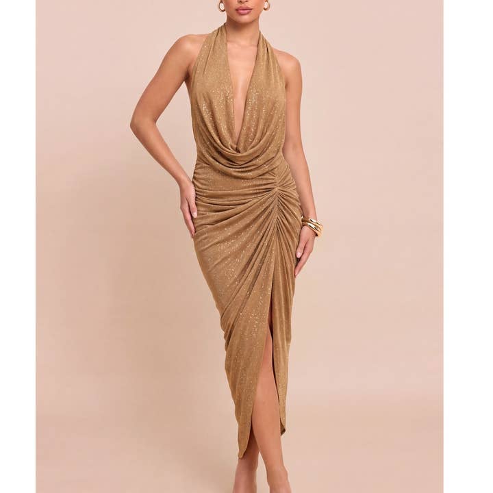 Luxxel Glitter Mesh Ruched Dress - Caramel