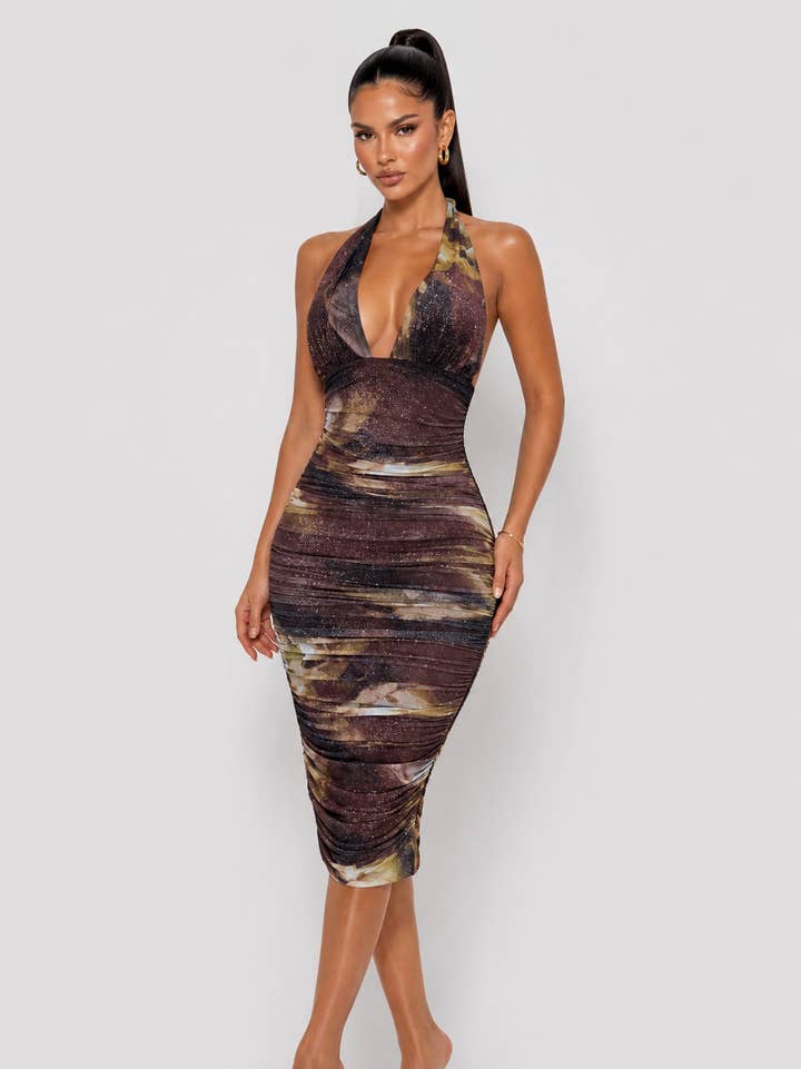 DIOSA Sculpted Ruched Halter Midi Dress - Brown