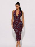 DIOSA Abstract Print Ruched Halter Midi Dress - Wine