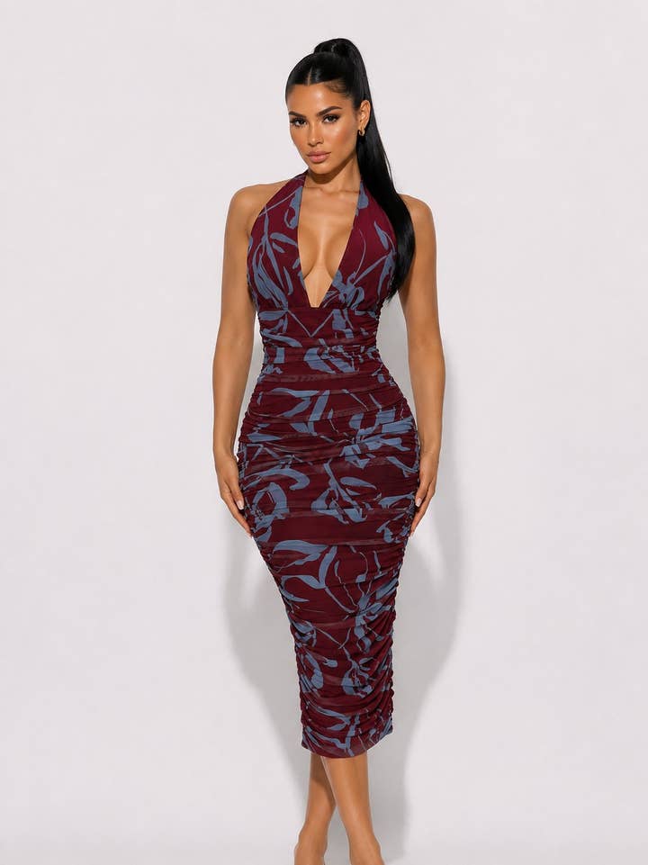 DIOSA Abstract Print Ruched Halter Midi Dress - Wine