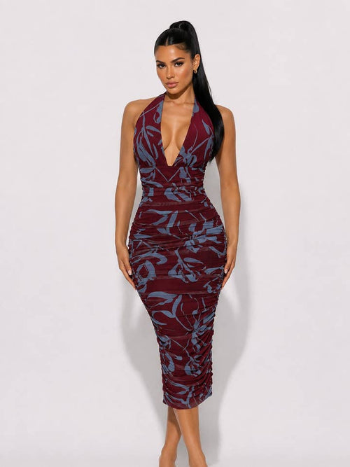 DIOSA Abstract Print Ruched Halter Midi Dress - Wine