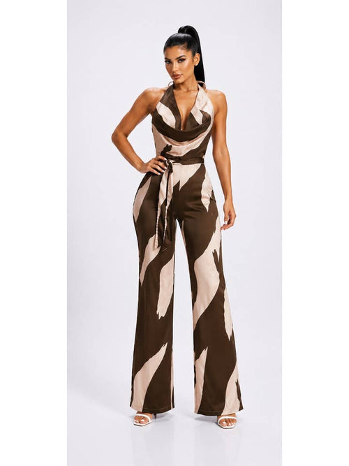 DIOSA Abstract Print Halter Wide Leg Jumpsuit - Brown/Taupe