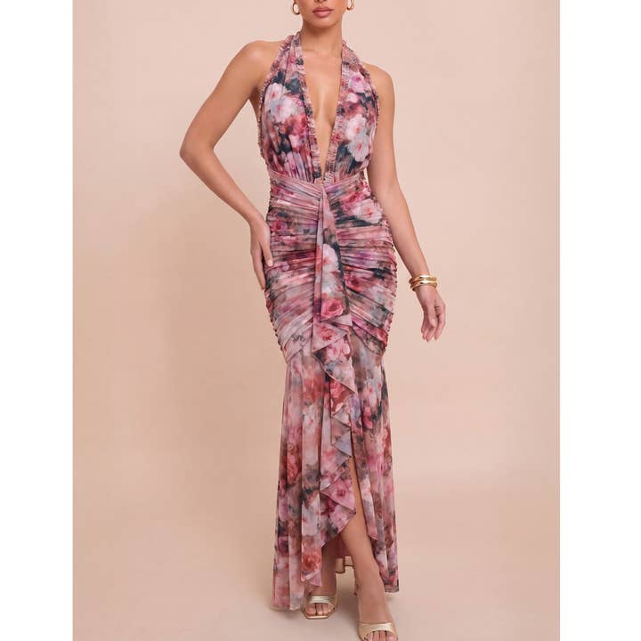 Luxxel Vintage Floral Mesh Ruffle Dress - Merlot Multi