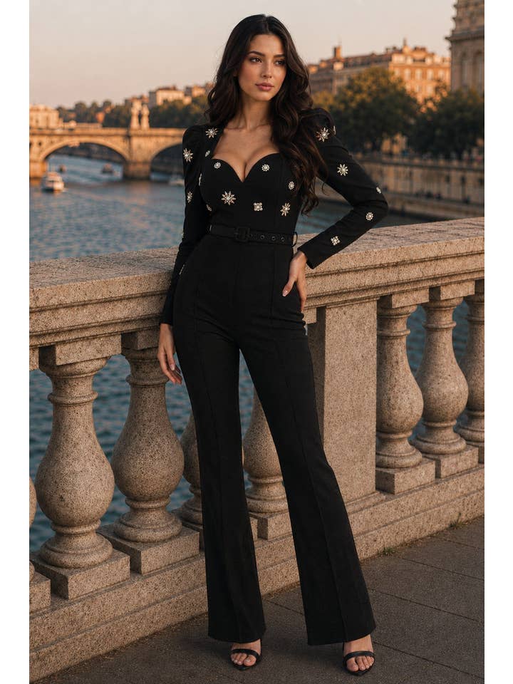 Valentine Pearl and Rhinestone Embellished Jumpsuit - Black