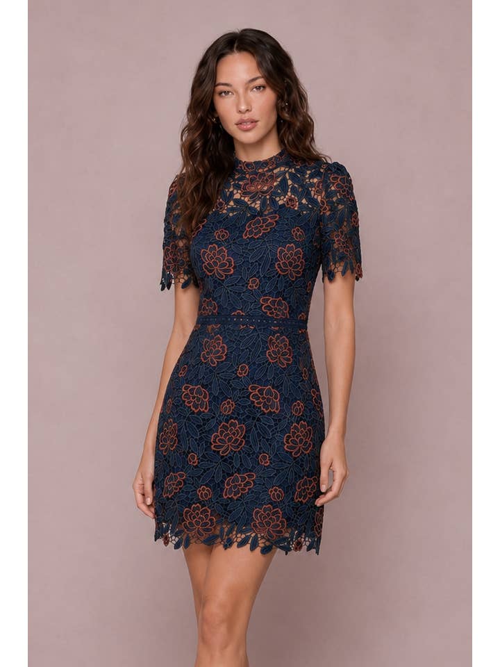 B. Right Apparel Navy Floral Lace Mini Dress - Photo 1