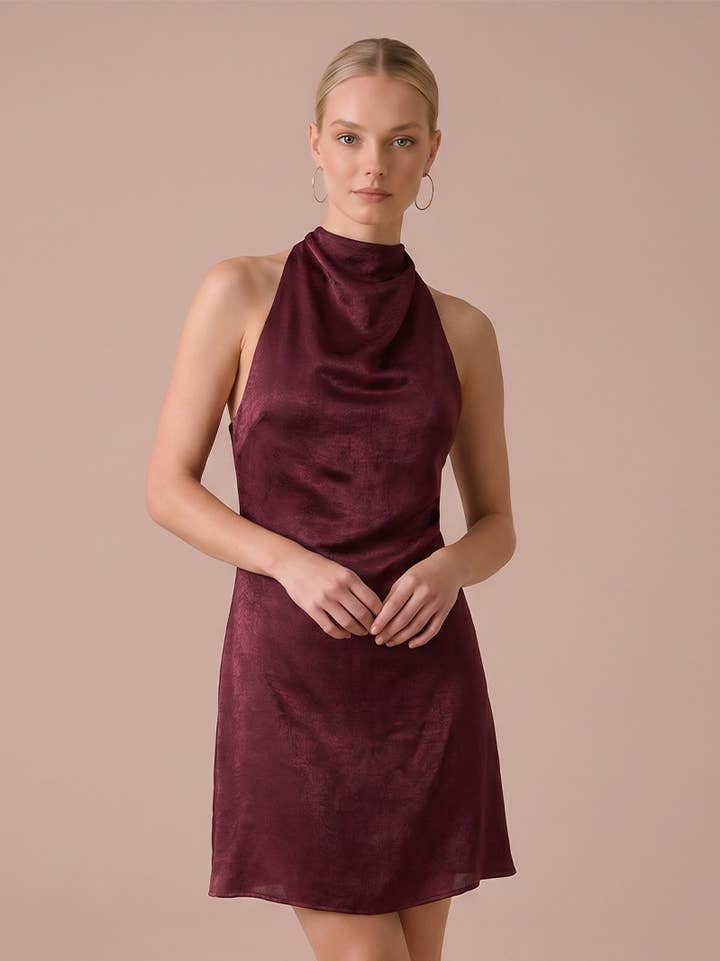 B. Right Apparel Satin Cowl Halter Mini Dress - Gallery 1