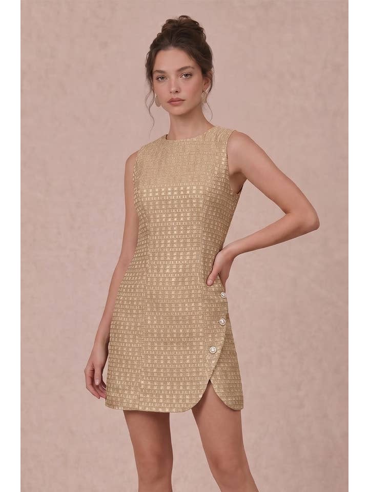 B. Right Apparel Gold Tweed Pearl Button Mini Dress - Photo 3