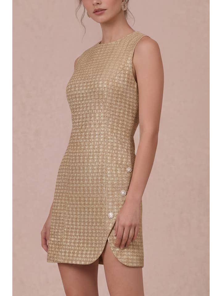 B. Right Apparel Gold Tweed Pearl Button Mini Dress - Photo 5