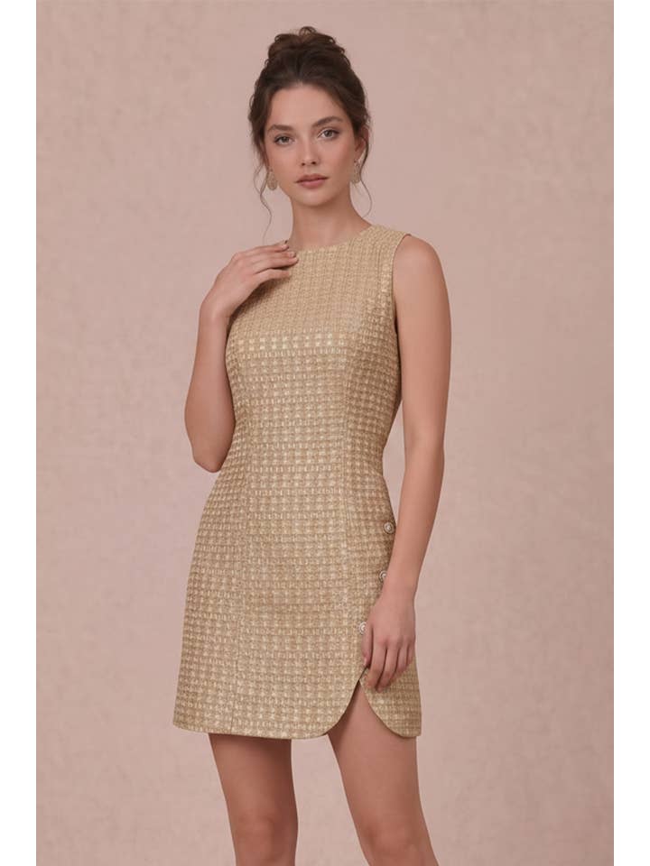 B. Right Apparel Gold Tweed Pearl Button Mini Dress - Photo 6