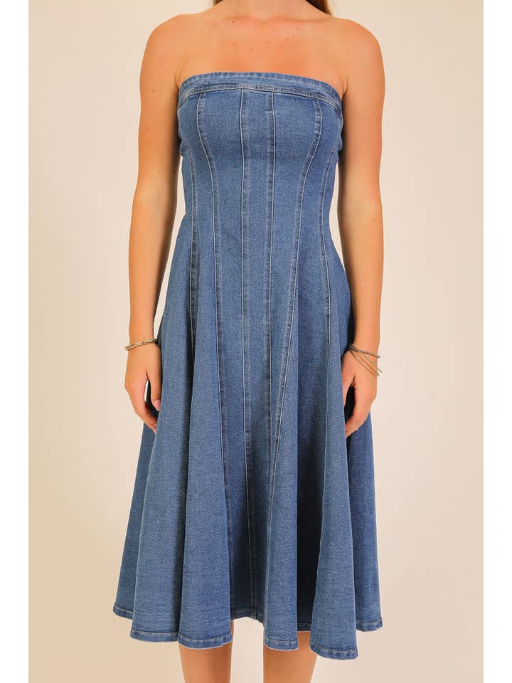 Strapless stretch denim midi dress - Medium Denim - View 1