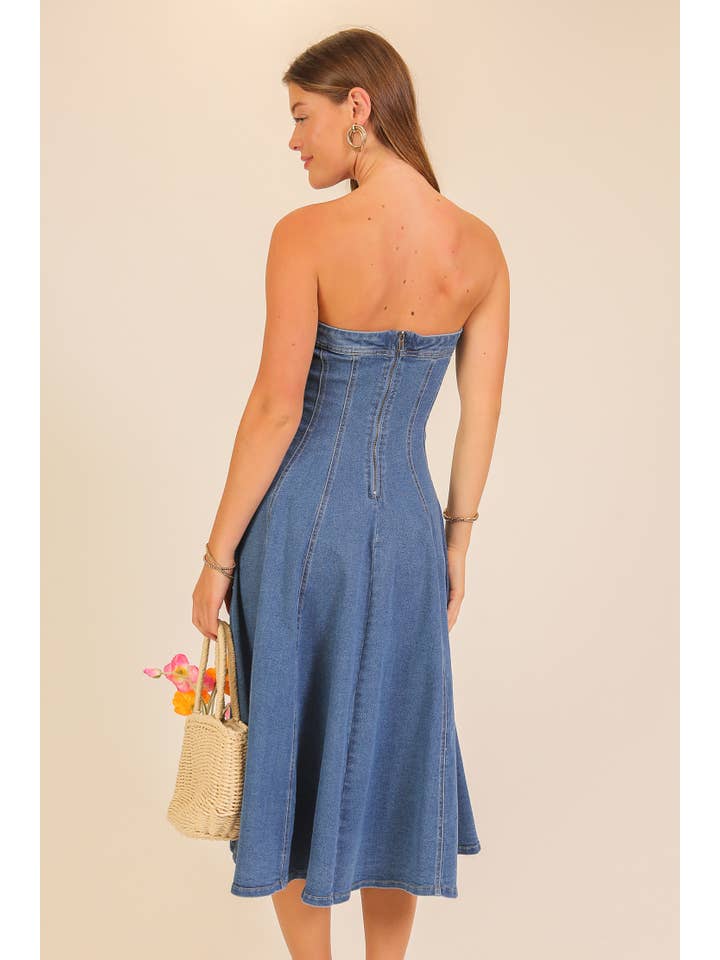 Strapless stretch denim midi dress - Medium Denim - View 2