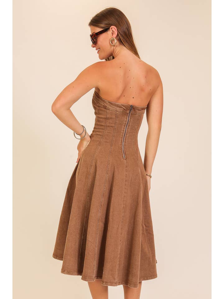 Strapless stretch denim midi dress - Mocha - View 2