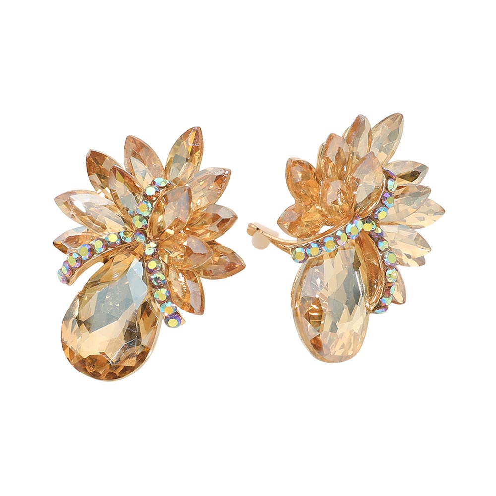 Teardrop Stone Cluster Clip-On Earrings - AB / Gold / Light Colorado Topaz - view 2