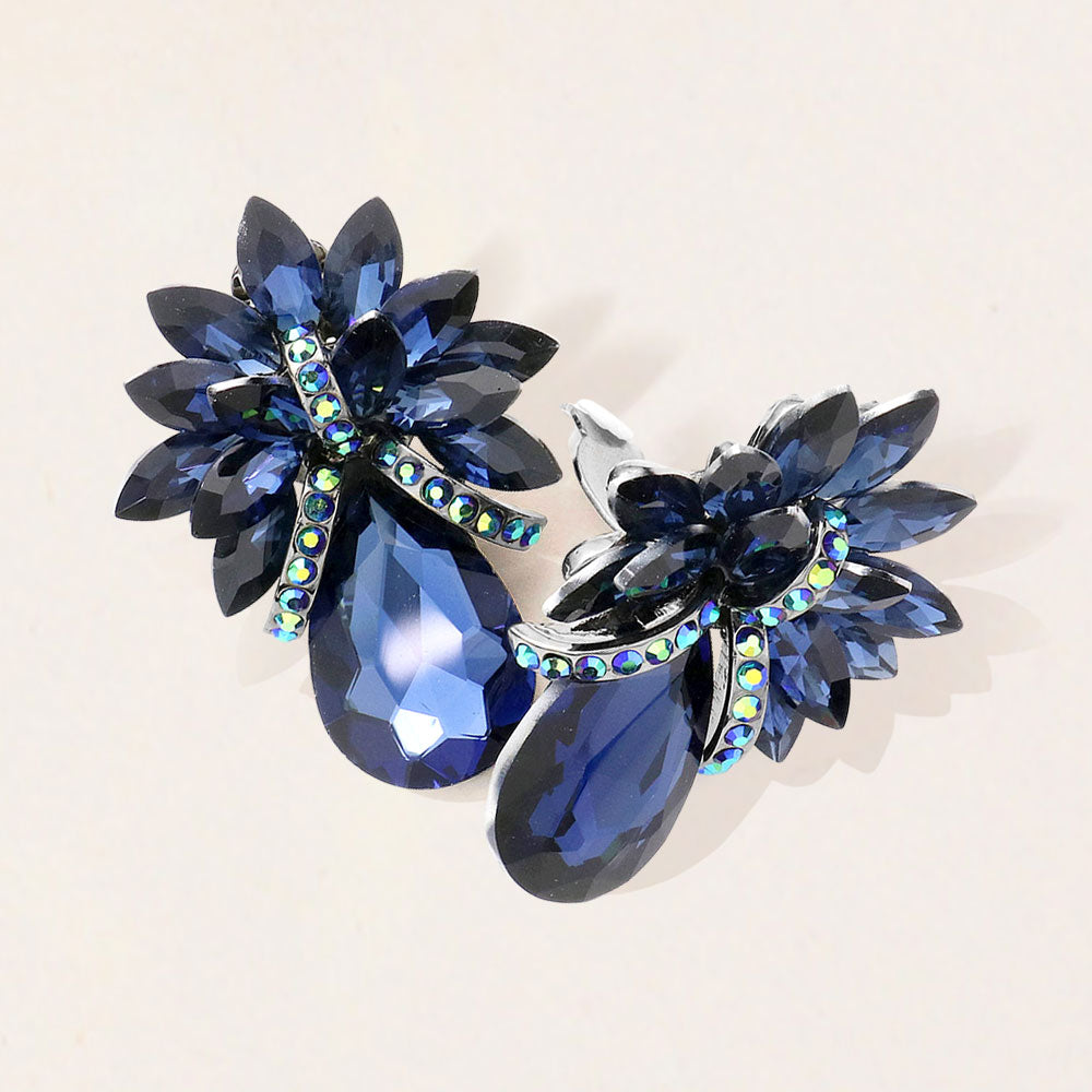 Teardrop Stone Cluster Clip-On Earrings - Montana Blue - view 1