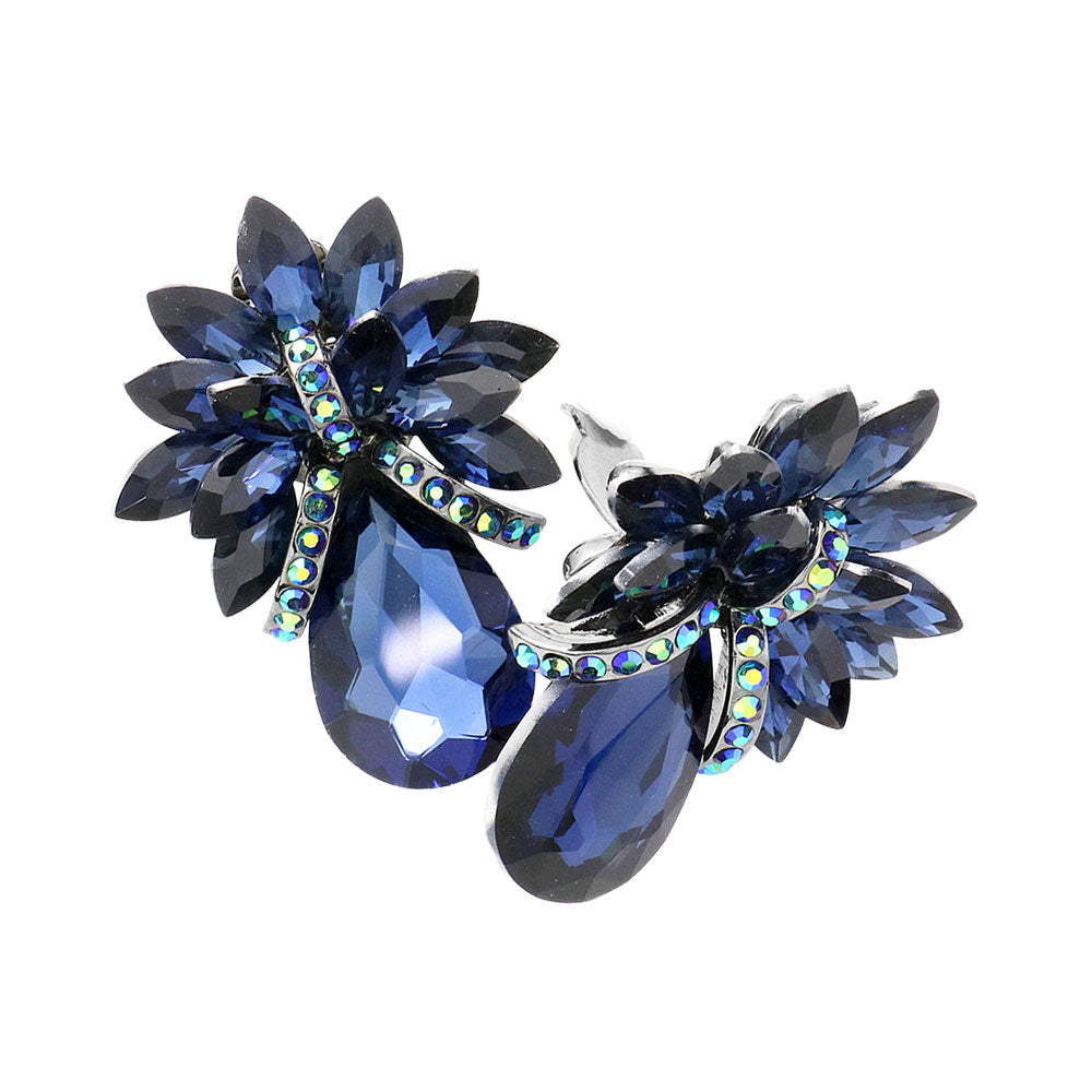 Teardrop Stone Cluster Clip-On Earrings - Montana Blue - view 2