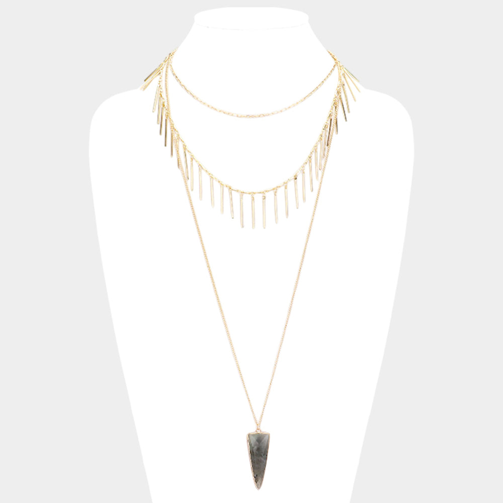 Layered Natural Stone Pendant Necklace - Black / Gold