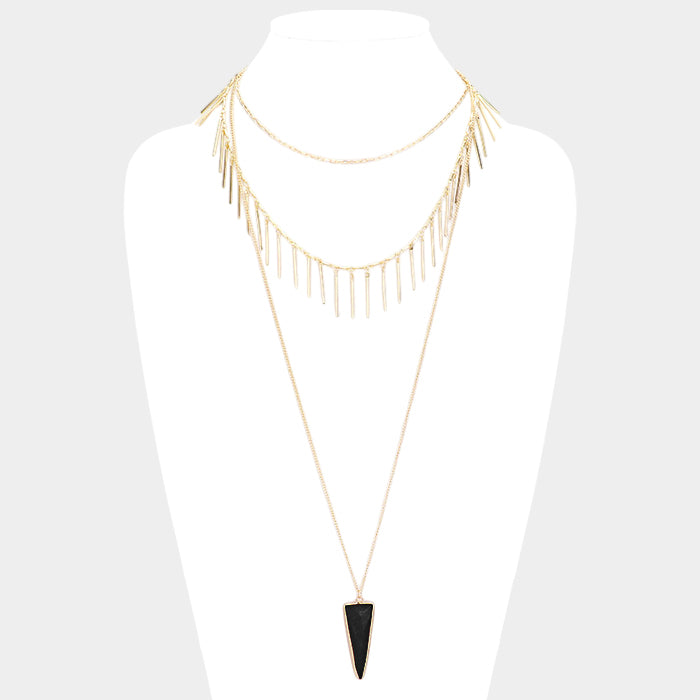 Layered Natural Stone Pendant Necklace - Gold / Jet Black