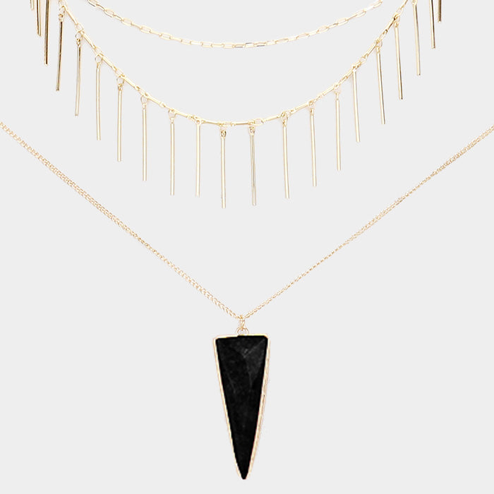 Layered Natural Stone Pendant Necklace - Gold / Jet Black