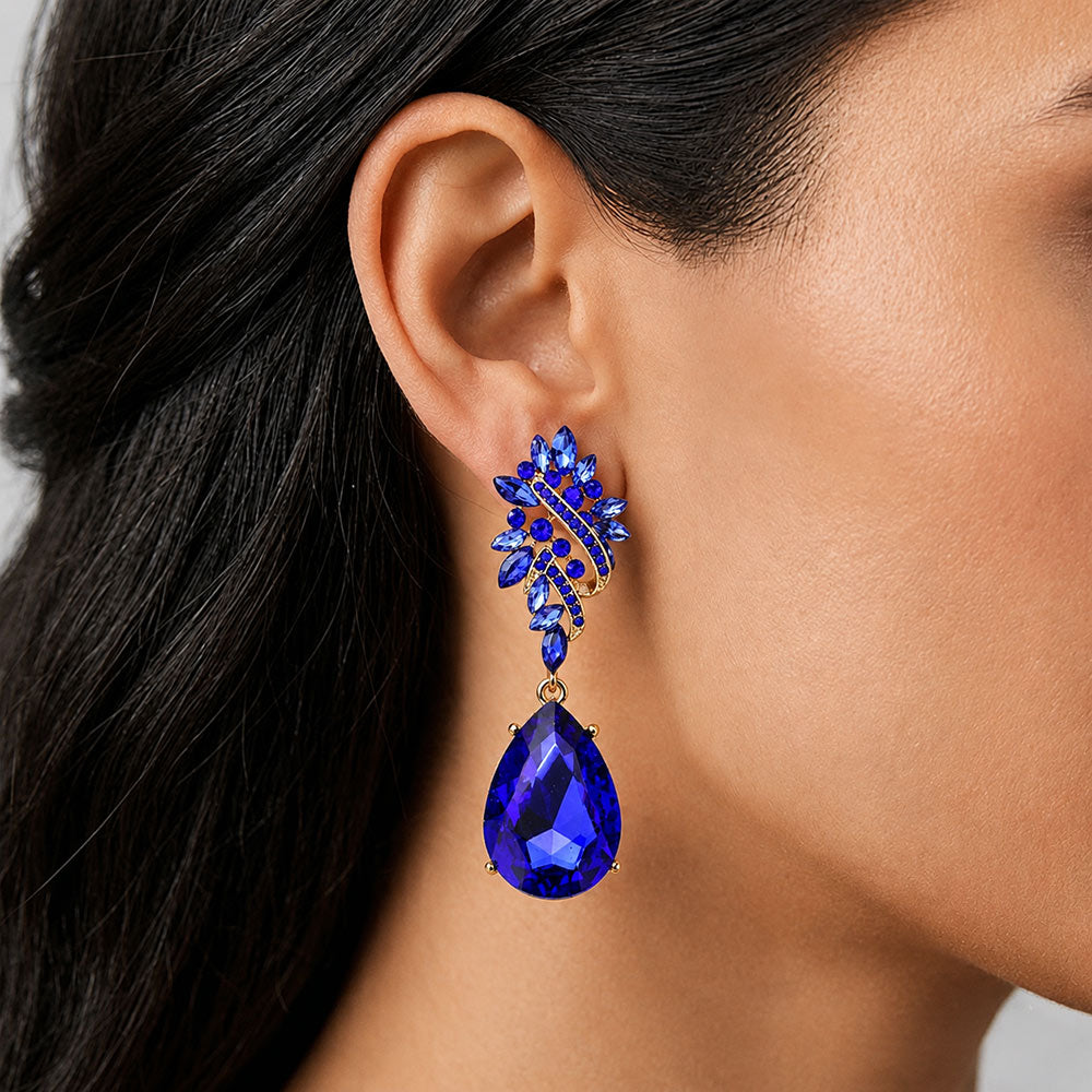 Marquise Cluster Teardrop Dangle Earrings - Sapphire - view 1