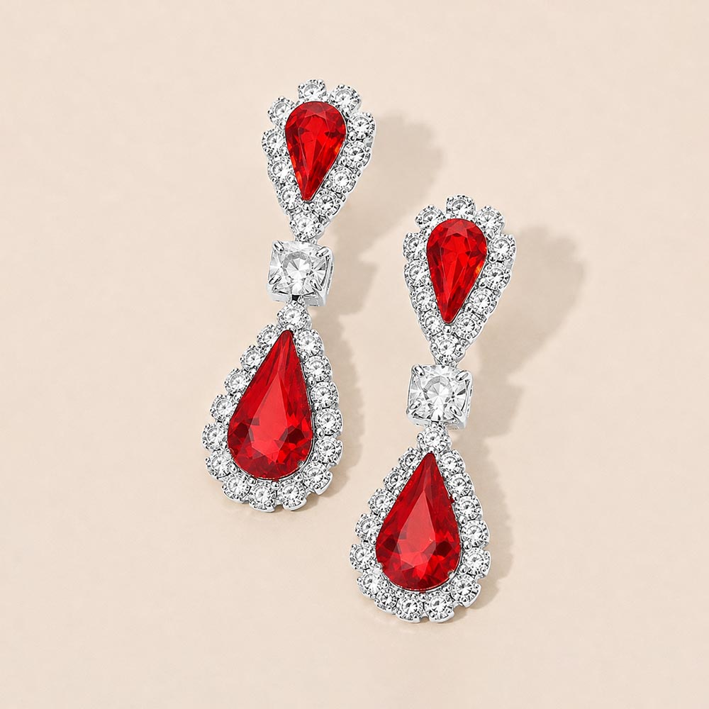 Double Teardrop Rhinestone Trim Dangle Earrings - Red / Silver - view 1