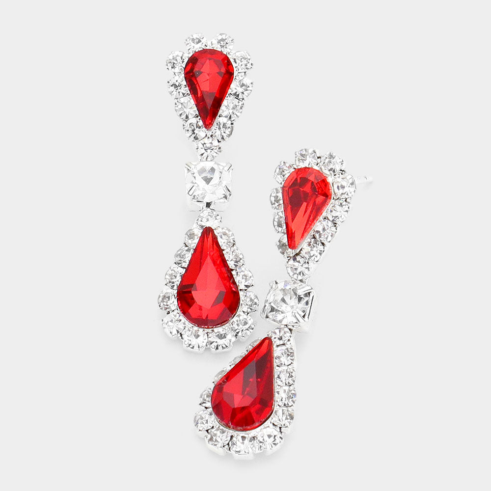 Double Teardrop Rhinestone Trim Dangle Earrings - Red / Silver - view 2