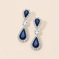 Double Teardrop Rhinestone Trim Dangle Earrings - Montana Blue / Silver - view 1