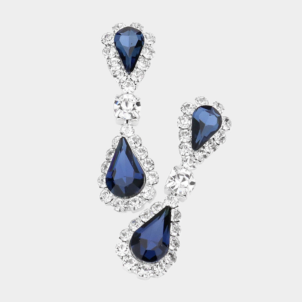 Double Teardrop Rhinestone Trim Dangle Earrings - Montana Blue / Silver - view 2