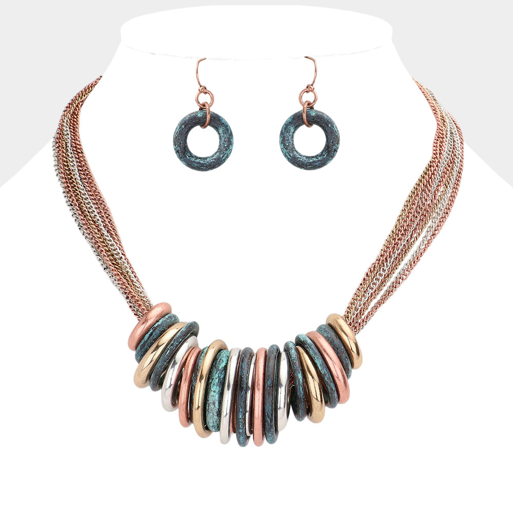 Antique Metal O Ring Necklace and Earring Set - Patina Verdigris